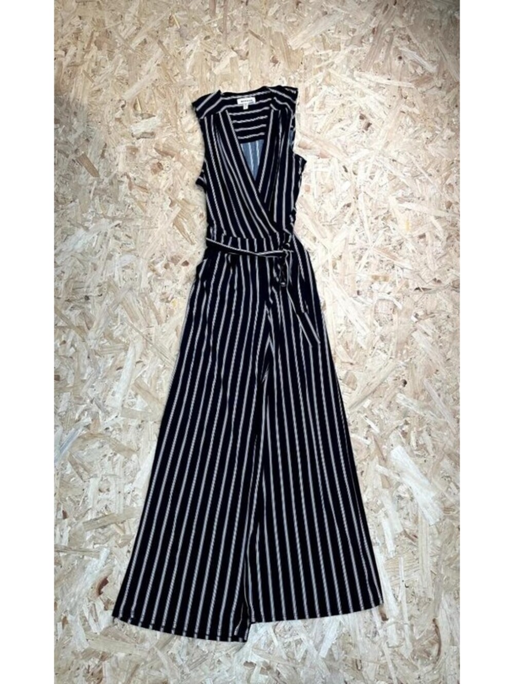 Monteau Los Angeles Jumpsuit Womens Large Black White Striped Wide Leg
